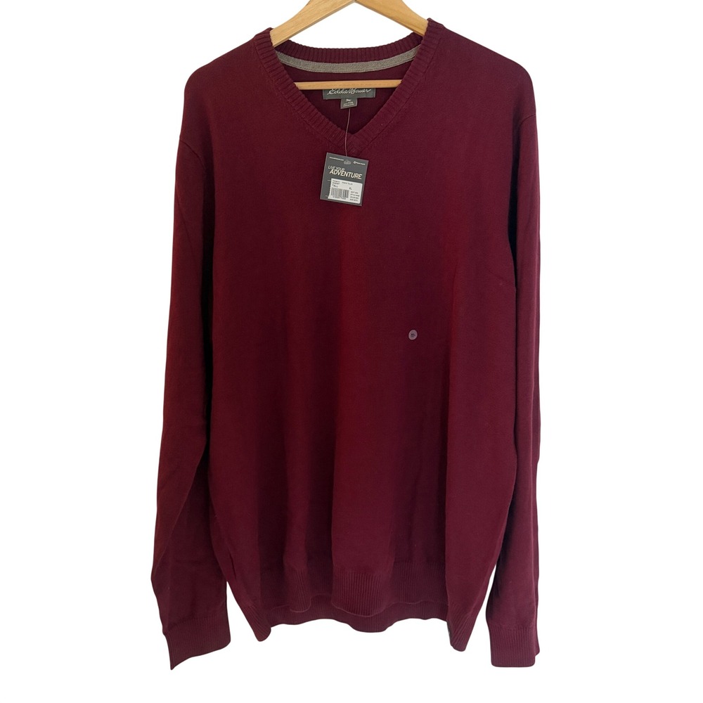 Eddie Bauer Vneck Sweater Mens TXL Dark Berry NEW Talus Cotton Merino 4462